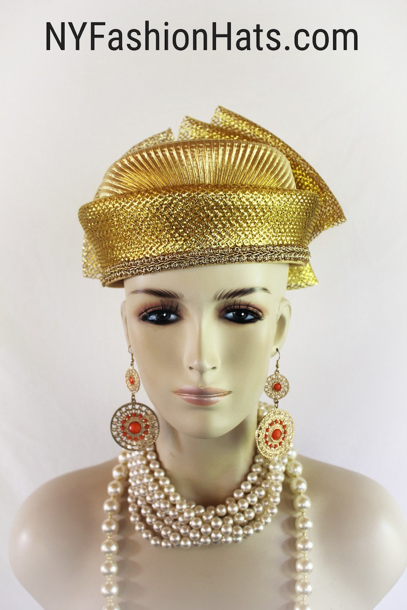 Metallic Gold Lame Pillbox Dress Hat, Couture Designer Hats, Hats for