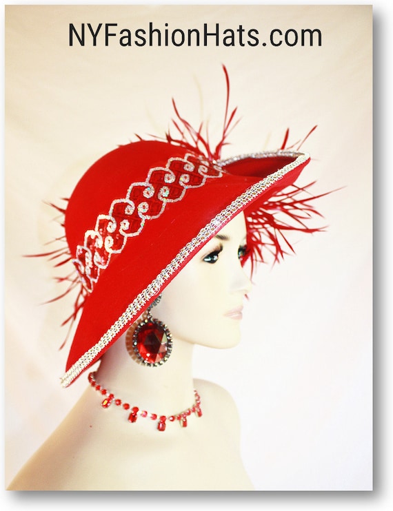 Haute Couture Dramatic Feathered Red Fashion Hat, Statement  display picture 3