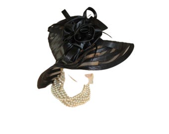 Black Wool Wide Brim Hat With Rhinestone Band Kentucky Derby  display picture 1