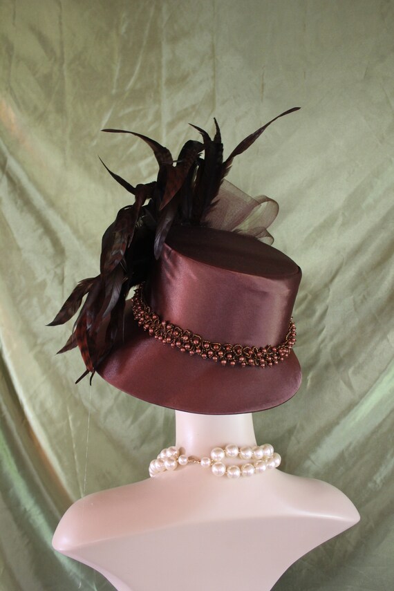 Avant Garde Brown Satin Haute Couture Hat, Abstract Brim  display picture 2