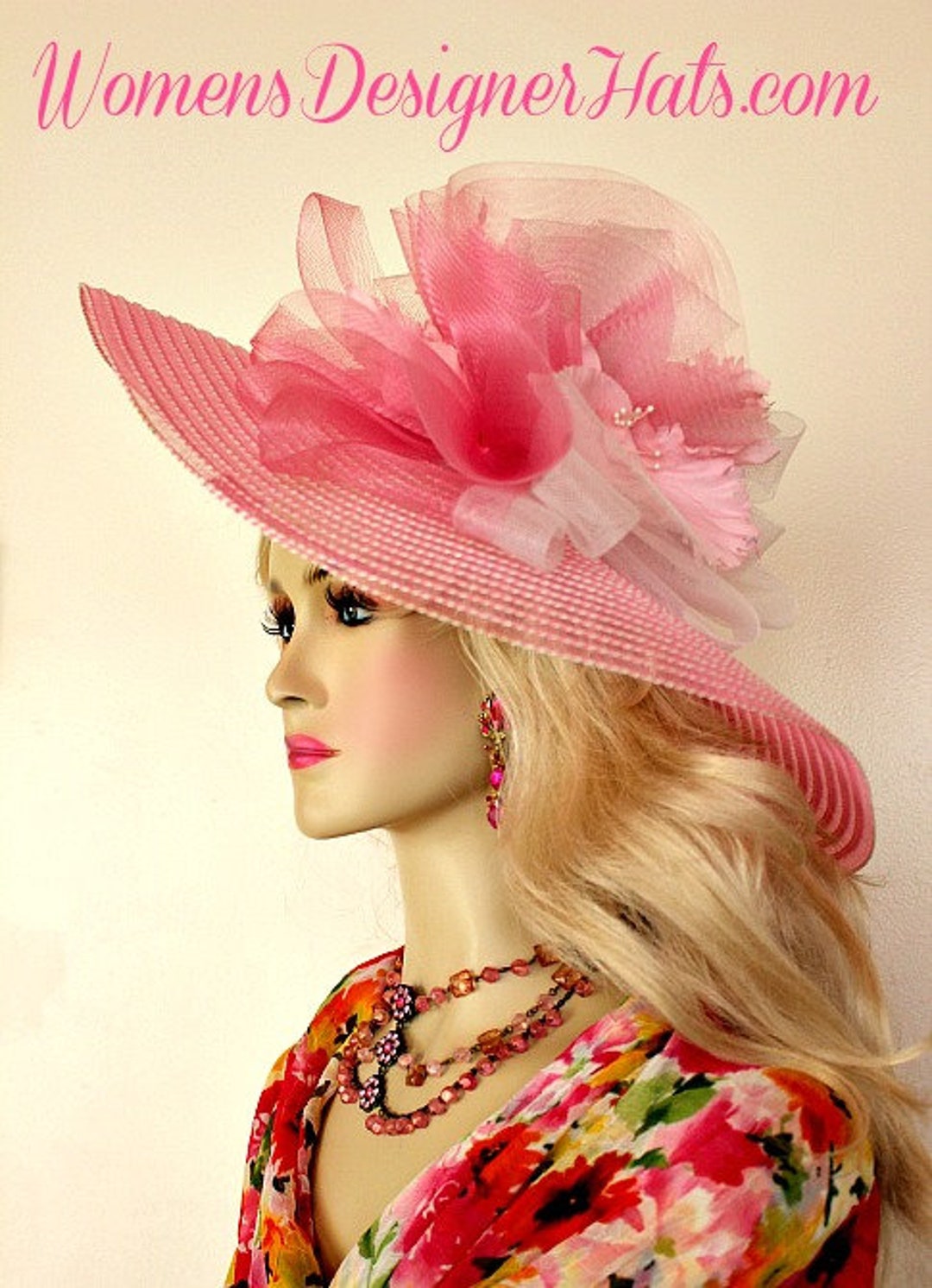 Pink White Wide Brim Kentucky Derby Oaks Hat, Womens Fashion  display picture 1
