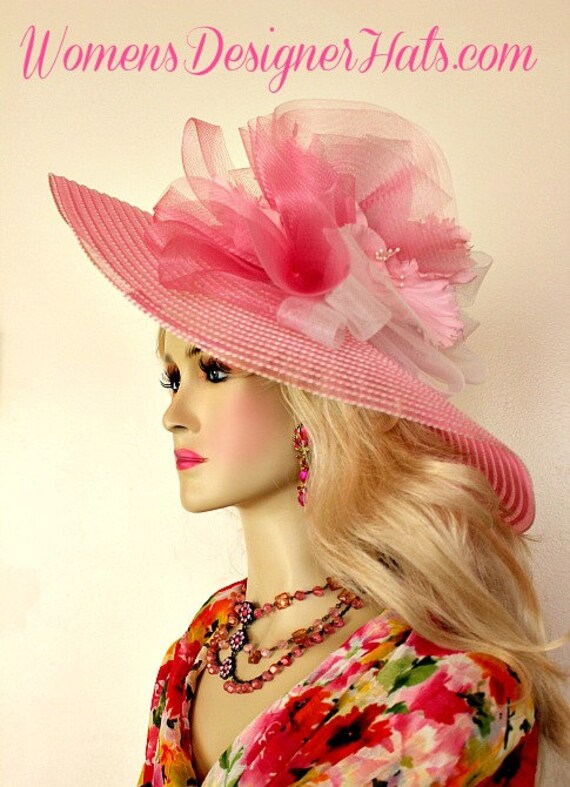 Pink White Wide Brim Kentucky Derby Oaks Hat, Womens Fashion Hats