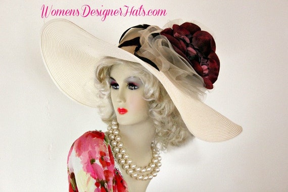 Ladies Custom Straw Braid Ivory Burgundy Flower Dress Designer Hat, Derby  Church Hats 44mk
