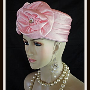 Pillbox Wedding Bridal Hat, Pink Satin Pillbox Formal Hat, Church Temple Hat, Mother Of The Bride Bespoke Hat, NYFashionHats Cocktail Hat