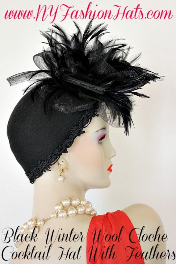 Haute Couture Black Winter Wool Pillbox Hat, Formal Dress  display picture 3