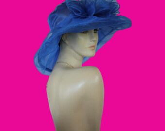 Royal Blue Large Brim Wedding Bridal Designer Hat, Haute Couture Hats, Formal Dress Hat, Mother Of The Bride Hats, Derby NY Fashion Hats