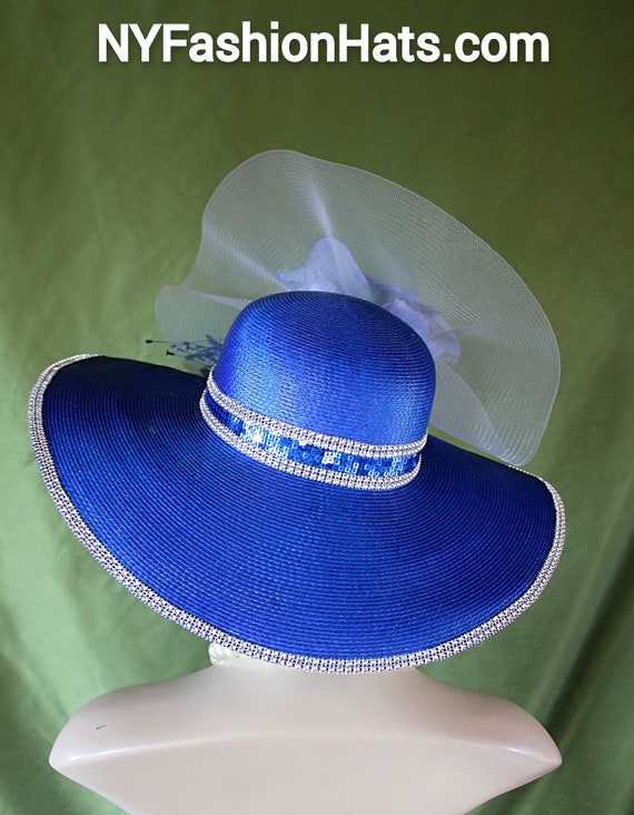 Luxurious Soft Blue Formal Hat with Wide Brim and Decorative Trim Haute Couture Royal Blue Designer Hat, Avant Garde Formal  main image 3