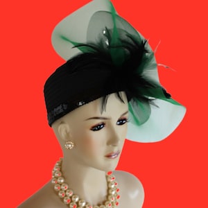 Haute Couture Designer Pillbox Hat NYFashionHats, Black Kelly Green Satin Dress Hat, Wedding Formal Luxury Church Hat, Avant Garde Hats