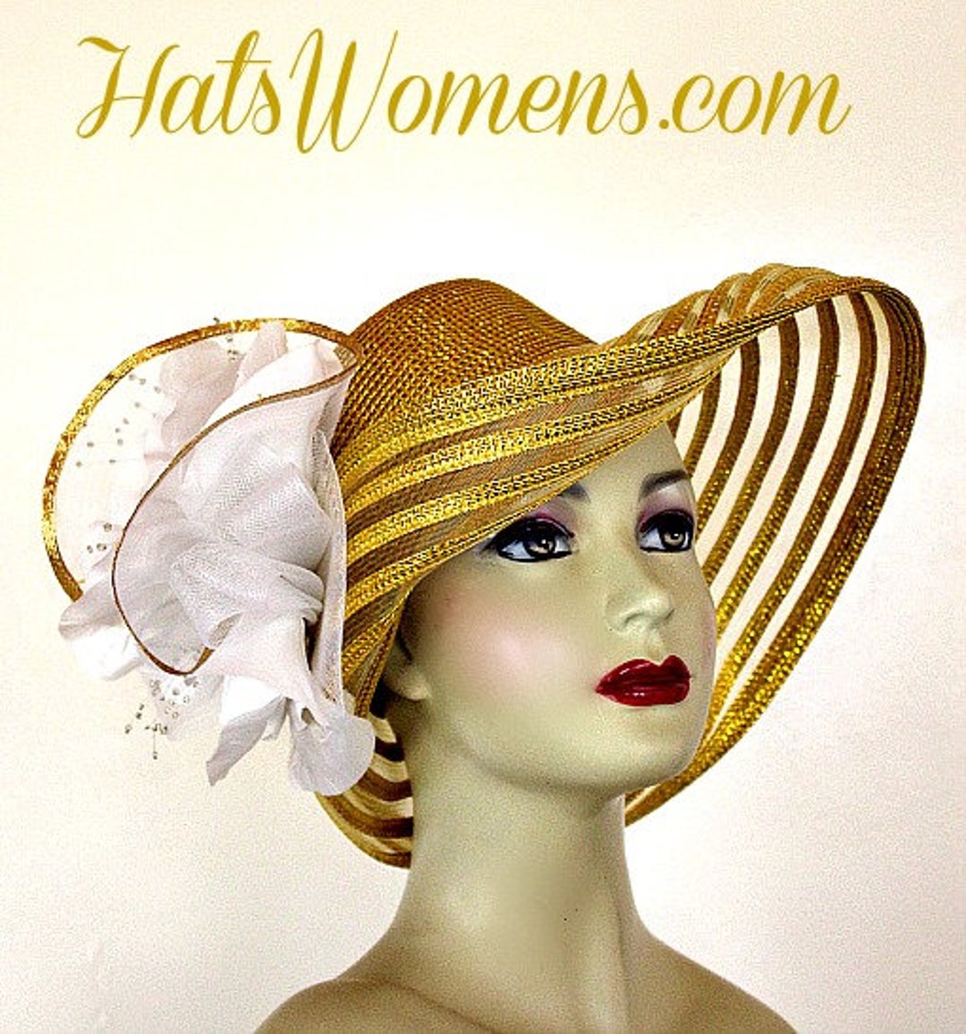 Metallic Gold White Wide Brim Designer Fashion Wedding Hat  display picture 1