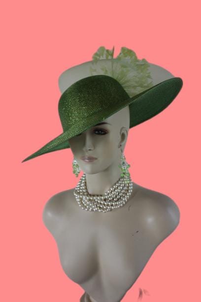 Olive Lime Green Metallic Gold Big Brim Hat Women, Haute  display picture 1