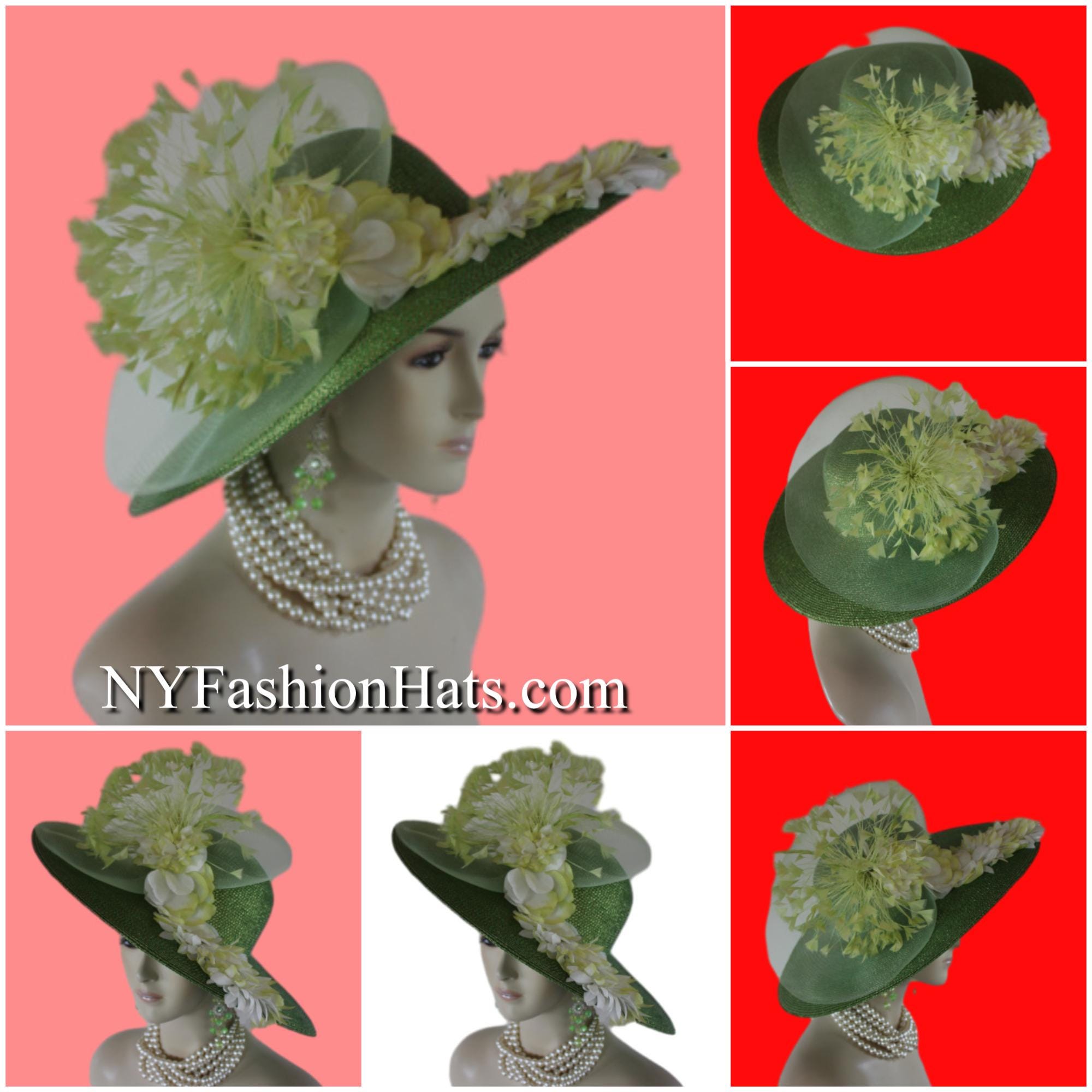 Olive Lime Green Metallic Gold Big Brim Hat Women, Haute  display picture 1
