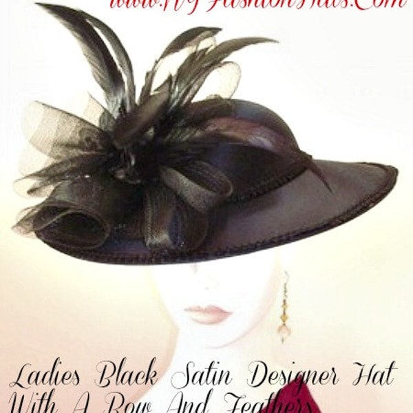 Avant Garde Black Satin Fashion Hat, Haute Couture Designer Hats For Women, NY Fashion Hats Millinery Headwear, Custom Hats For Horse Races