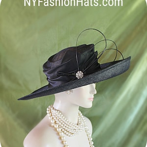 Women&#39;s Black Big Brim Couture Hat, Sinamay Straw Satin Hats For Wedding Formals Dress Sabbath, NYFashionHats Millinery Hats For Horse Races