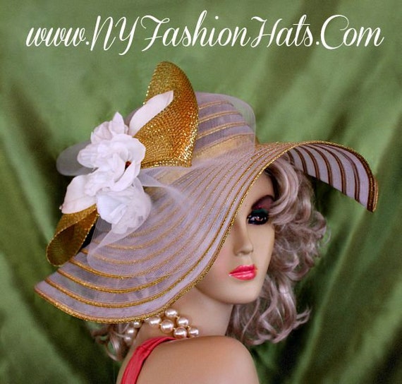 Buy Ladies White Metallic Gold Wide Brim Designer Hat With White