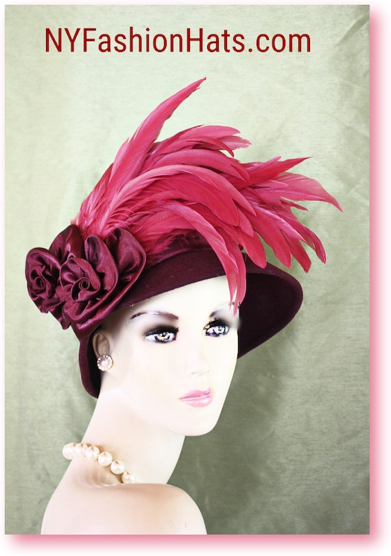 Couture Burgundy Winter Wool Hot Pink Feathered Designer Hat  display picture 1