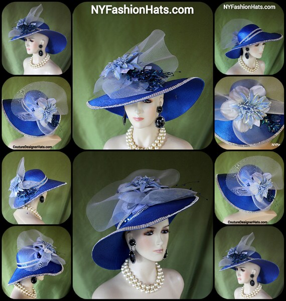 Luxurious Soft Blue Formal Hat with Wide Brim and Decorative Trim Haute Couture Royal Blue Designer Hat, Avant Garde Formal  main image 2