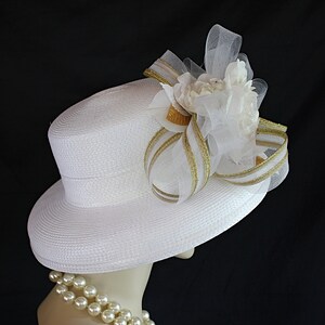 White Metallic Gold Large Brim Dress Hat Avant Garde Formal Wedding white-metallic-gold-large-brim-dress-hat-avant-garde-formal-wedding