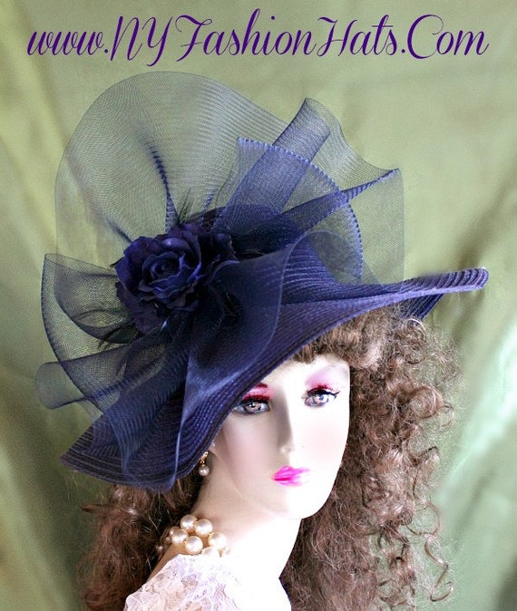 Ladies Women's Navy Blue Wide Brim Designer Hat With A Silk Rose