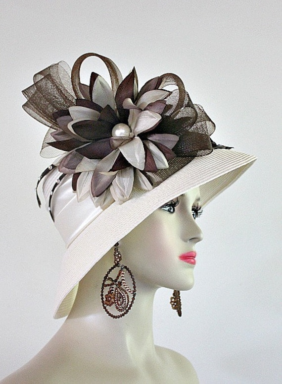 Haute Couture Designer Formal Hat Women, Beige Brown Ivory  display picture 3