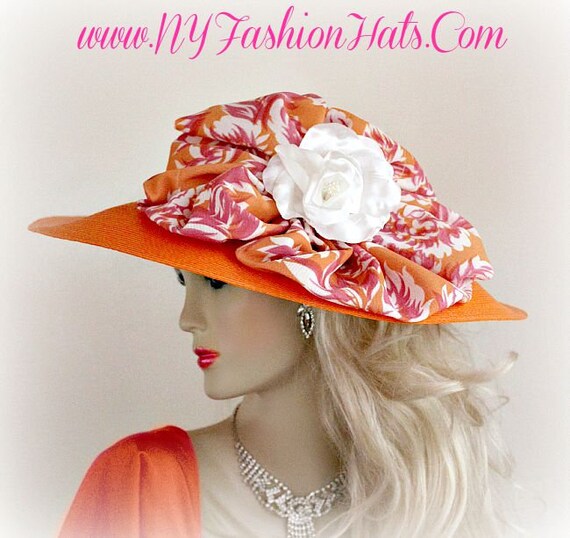 Women's Formal Church Dress Big Brim Hat, NY Fashion Hats Millinery, Ladies  Orange White Hot Pink Wedding Hat, Hats For Horse Races, H8130