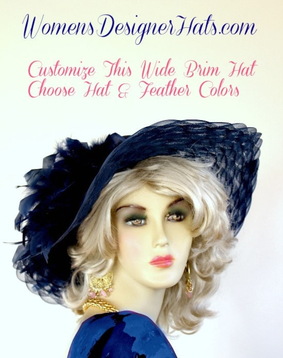Kentucky Derby Hats, Navy Blue Wide Brim Hat With Feathers, Hats
