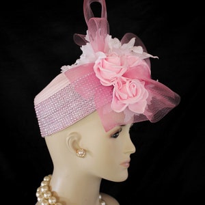Pink Pillbox Wedding Hat Orchids Roses, Bridal Headpiece, Hats For Horse Races, Couture Designer Hats, Mother Of The Bride Hat NYFashionHats