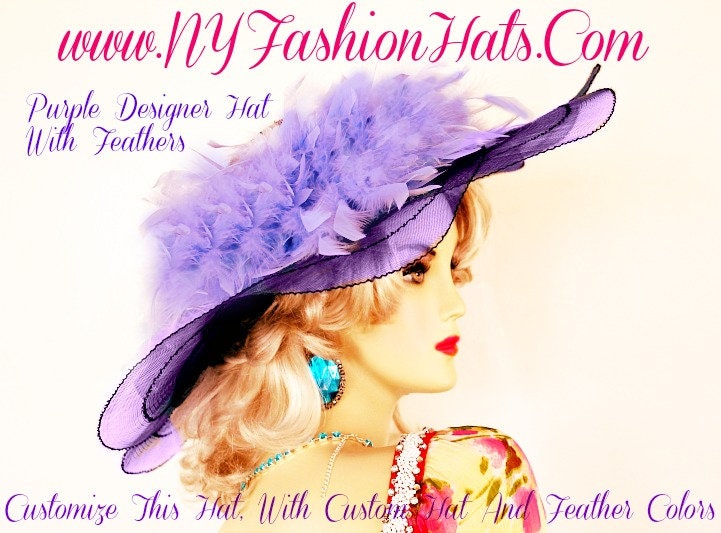 Purple Large Sheer Brim Hat With Feathers, Customize This  display picture 2