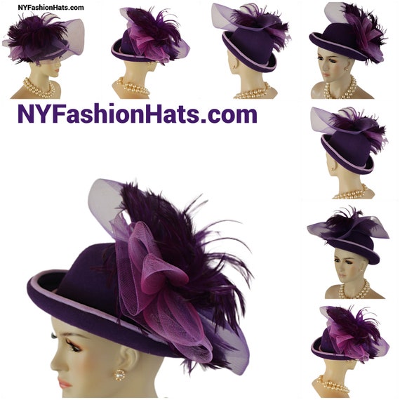 Vintage Fashion Statement Hat- Purple Feathered Hat with long veil Lawliet Womens Dress Church Wedding Occasion Wide Brim  main image 2