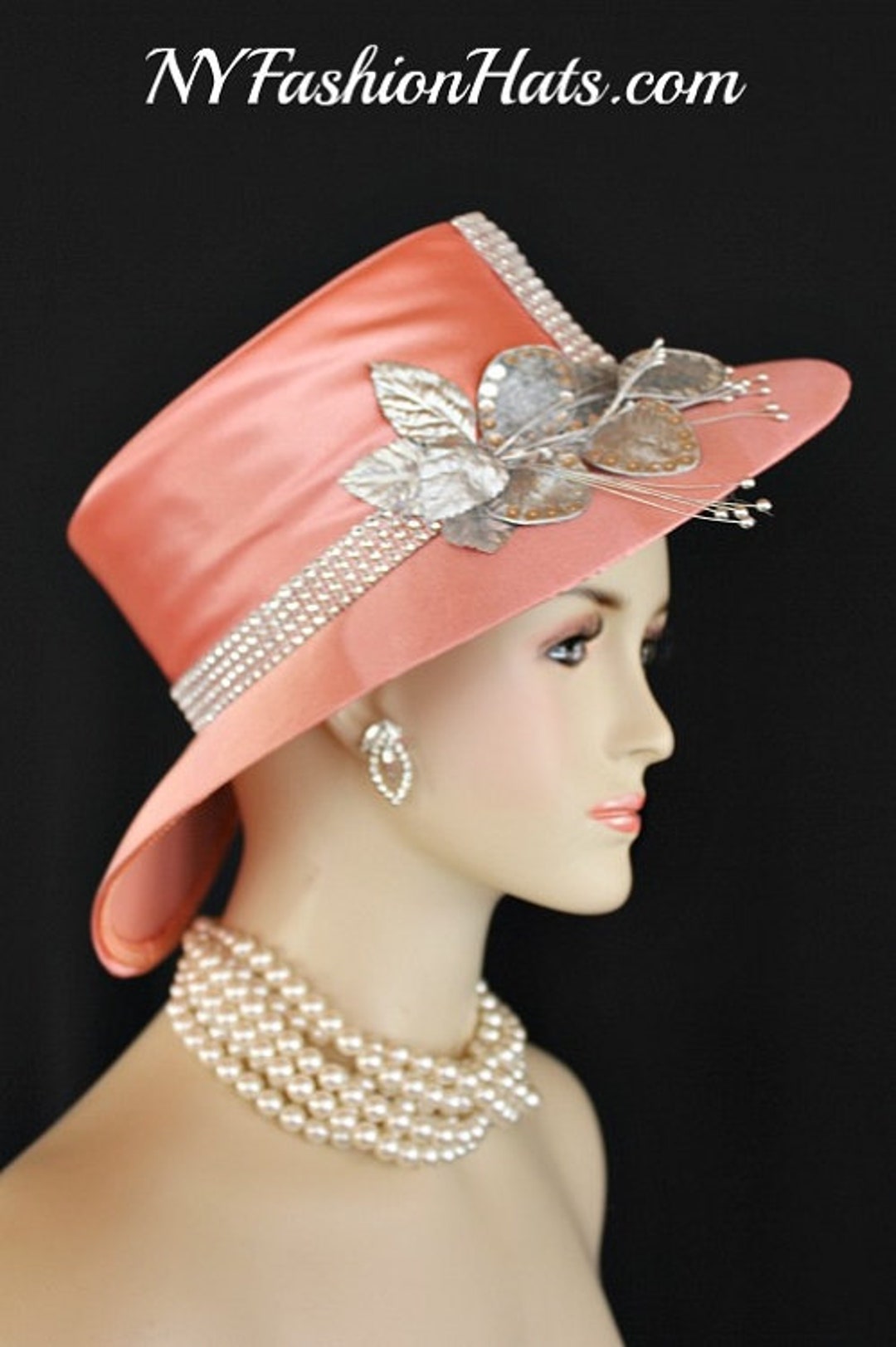 Vintage Custom Made Peach colored And Rhinestones Church/Wedding Hat - NWT Burnt Orange Fancy Elegant Church Hat With Flower, Mother of  main image 4