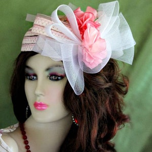Pillbox Wedding Bridal Hat Headpiece, Pink White Great Gatsby Designer Hat, NYFashionHats Custom Millinery, Cocktail Hat Fascinator, Rose