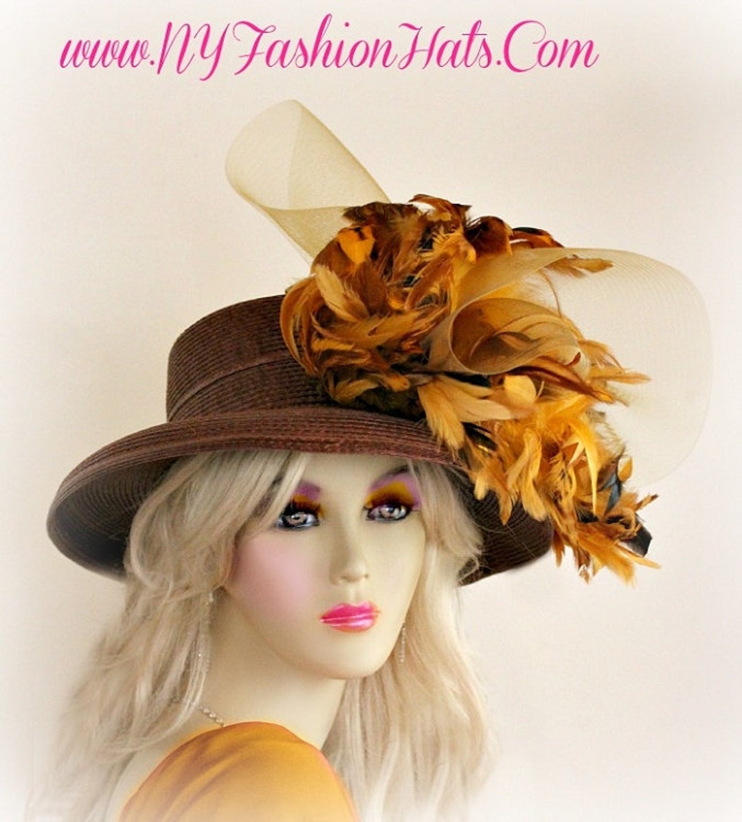 Kentucky Derby Hat With Mustard Yellow Feathers, Hats for 