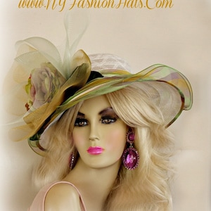 Wit olijfgroen paarse hoed met veren en bloemen Dameshoeden, Couture Designer-hoeden, NYFashionHoeden Modevak, Formele Bruiloft Hoed Shania