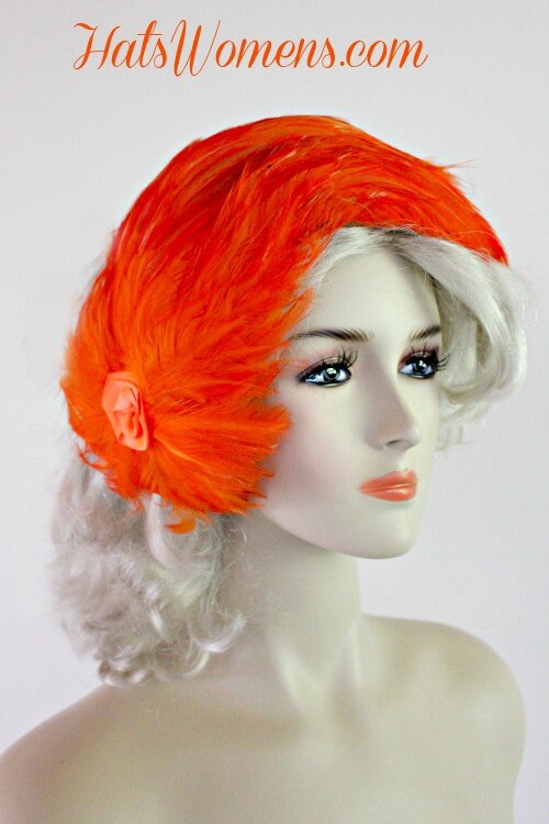 Ladies Vintage Orange Cocktail Hat Headpiece With Feathers  display picture 3