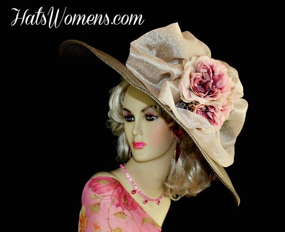 Haute Couture Designer Hat, Taupe Brown Grey Wide Brim Derby Hat