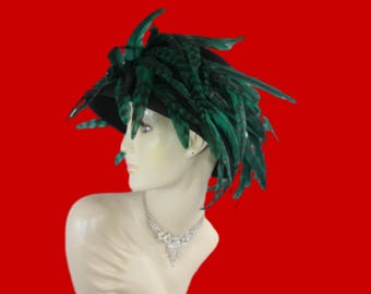 Black Felt Emerald Green Feathered Avant Garde Designer Hat For Women, Haute Couture Fashion Hats, Wedding Dress Formal Church Races Hat