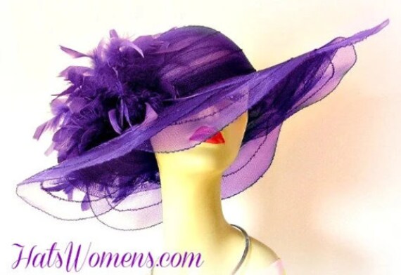 Purple Large Sheer Brim Hat With Feathers, Customize This  display picture 2