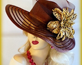 Sombreros Derby de Kentucky, sombreros para carreras de caballos, sombreros de diseñador de alta costura, sombrero de moda de ala ancha marrón para mujer, sombrero de flor de leopardo marrón dorado