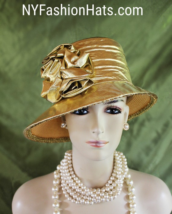 Metallic Gold Small Brim Lame Dress Hat, Couture Designer  display picture 3
