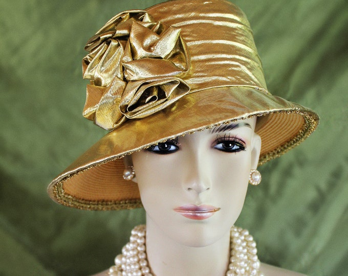 Metallic Gold Small Brim Lame Dress Hat, Couture Designer Hats, Hats For Sabbath, Church Wedding Holiday Hat, NY Fashion Hats Millinery, Joy