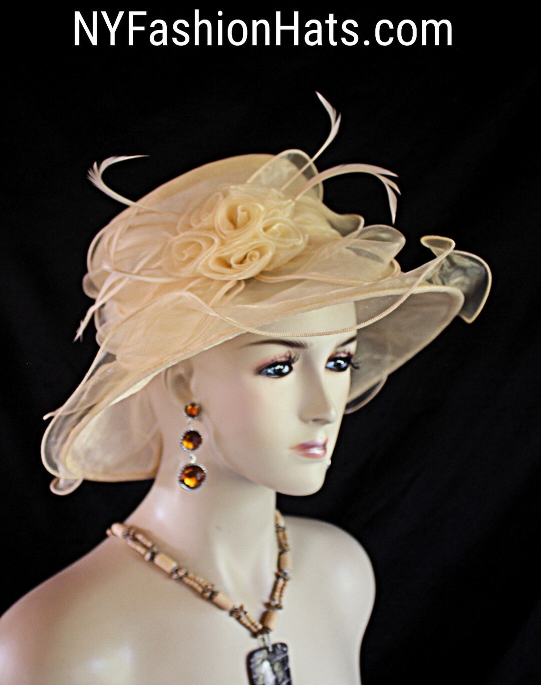 Women's Beige Organza Ruffle Brim Hat, Wedding Bridal Formal Hat, Hats ...
