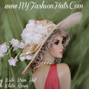 Ivory Designer Wide Brim Hat With A Gold Bow White Roses 