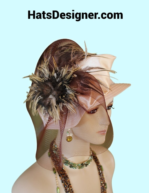 Beige Brown Small Brim Tiger Feather Satin Dress Hat For Women, Avant Garde Hat, Haute Couture Hats NYFashionHats, Formal Wedding Church Hat Beige Brown Small Brim Tiger Feather Satin Dress Hat For Women, Avant Garde Hat, Haute Couture Hats NYFashionHats, Formal Wedding Church Hat