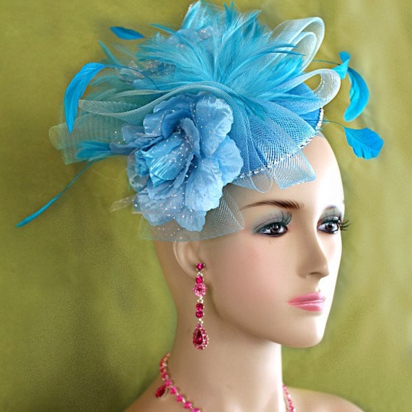 Ladies Turquoise Aqua Baby Blue Designer Sinamay Straw Wedding Fascinator Cocktail Hat, Women's Kentucky Derby Hats, Spring Races Ny21