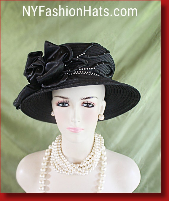 Elegant Black Satin Hat with Embellishments Classy Ladies Wide Brim Satin Ribbon Dress Hat/Shenor  main image 2