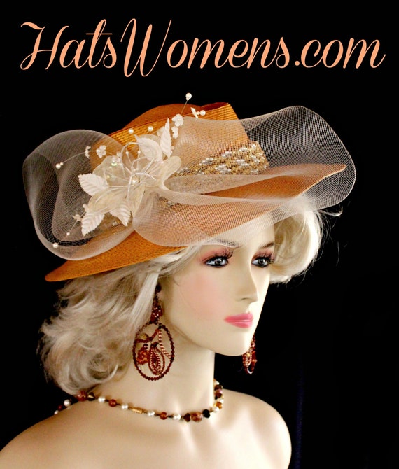 Ladies Antique Metallic Gold White Ivory Western Hat  display picture 2