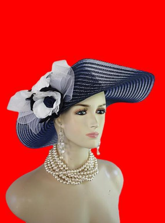 Glamorous Blue & White Church Dress Hat M22021( White Navy ) Kentucky Derby Hat, Wedding Hat, Easter  main image 3