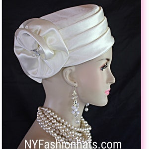 Pillbox Wedding Bridal Hat, Ivory Satin Pillbox Formal Hat, Church Temple Hats, Mother Of The Bride Bespoke Hat, NYFashionHats Cocktail Hat