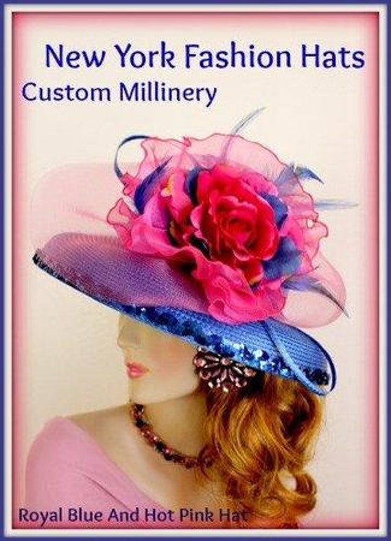 Royal Blue Hot Pink Sequin Hat With Flowers, Couture  display picture 3