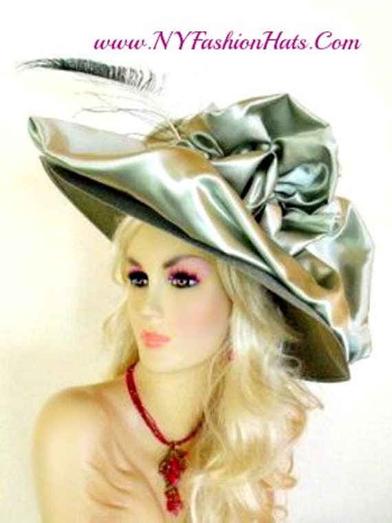Olive Green Sage Wide Brim Dress Hat, Hats for Weddings  display picture 1