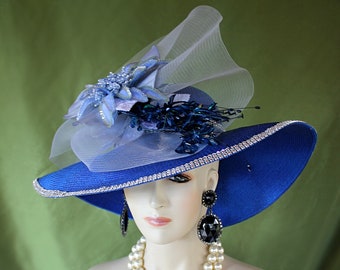 Haute Couture Royal Blue Designer Hat, Avant Garde Formal Hat, Big Brim Luxury Wedding Hat, Hats For Horse Races, NYFashionHats, Dress Hat